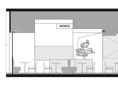 餐廳室內設計平面圖，採用中性色調並規劃功能分區。