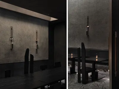 A modern Japanese restaurant interior with dark concrete walls, wooden furniture, and minimalist lighting fixtures.