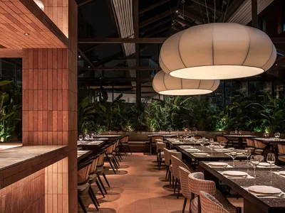 Modern restaurant with minimalist design and terrazzo flooring