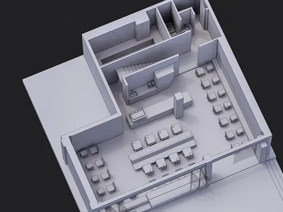 A 2D architectural drawing of a modern cafe with a concrete floor plan.