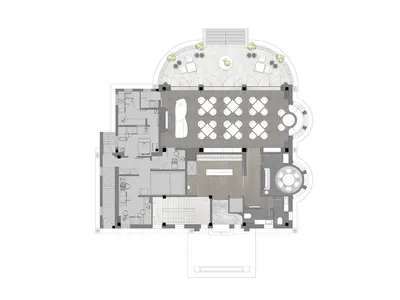 一張詳細的2D建築圖，展示餐廳平面配置，採用中性色調的瓷磚地面。
