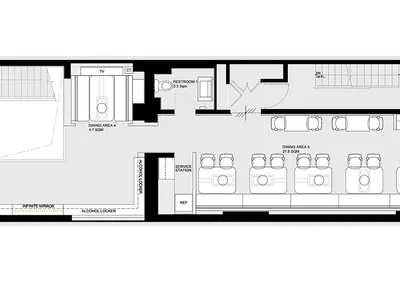 Floor plan of a modern restaurant on the second floor, featuring multiple dining areas with chairs and tables, a VIP area, wo
