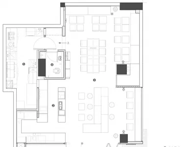 Detailed blueprint of an industrial-style restaurant featuring metal accents.
