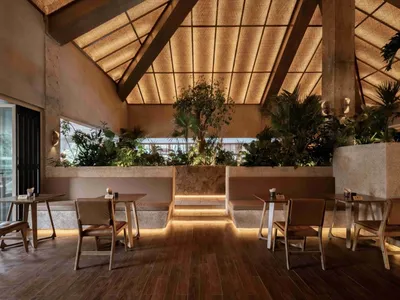 A modern restaurant interior with concrete walls, a triangular skylight, and potted plants.