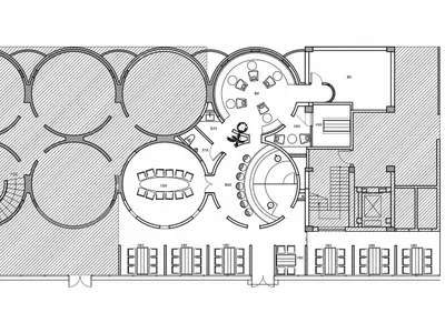 Black and white 2D architectural drawing of a modern restaurant floor plan