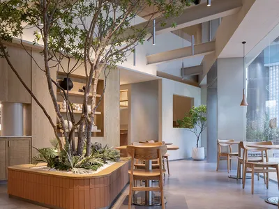 Modern industrial restaurant interior featuring wood materials and greenery.