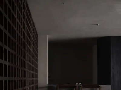 A minimalist restaurant interior with concrete and wooden elements