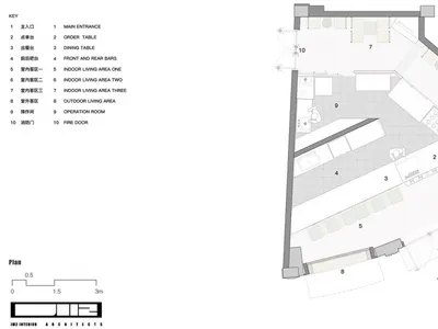 餐廳詳細建築平面圖，展示功能區域與整體配置。