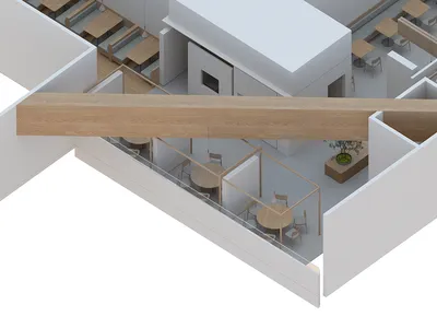 An overhead view of a modern restaurant with wooden elements