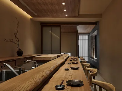 A modern restaurant interior with wooden elements and minimalist design.