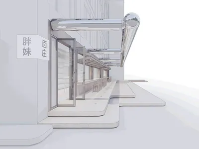 A 3D architectural rendering of a modern restaurant featuring metallic and glass materials.
