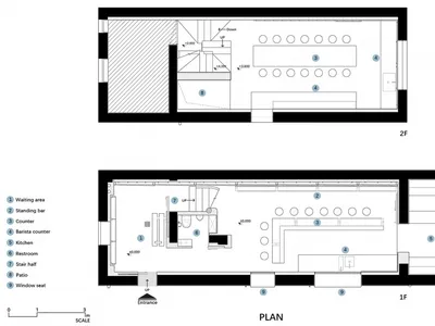 餐廳室內佈局的詳細建築圖，展示各功能區域與設計元素。