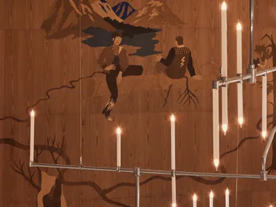 A modern restaurant interior with wooden walls, metallic elements, and glass accents.