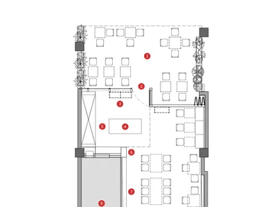詳細的2D建築圖，展示咖啡店室內使用中性材質的平面配置。