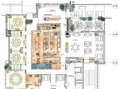 詳細的餐廳建築平面圖，展示多個用餐區域、VIP區、吧台以及戶外座位