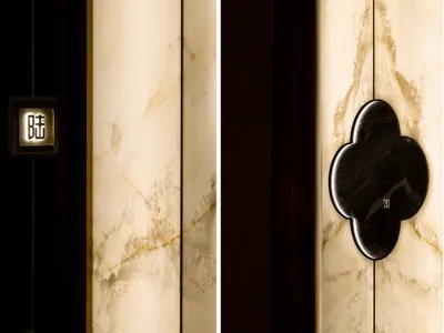 Modern hotel lobby entrance featuring marble columns and black stone fixtures
