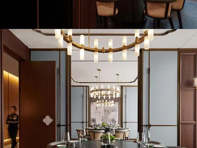 Modern restaurant interior with wooden accents and metal chandeliers.
