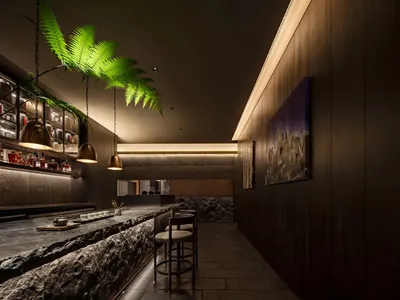 Indoor minimalist environment with metal furniture, dark wood paneling, and natural leaf hanging decor.