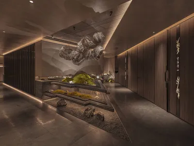 Modern minimalist hotel corridor featuring wooden walls and a rock garden.