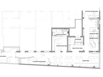 餐廳商業室內設計的詳細紙上平面圖，展示各種功能區域如營運區