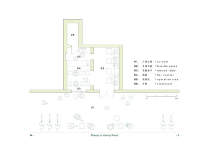 一張詳細的平面圖，描繪酒吧咖啡廳整合空間的布局與組織方式。