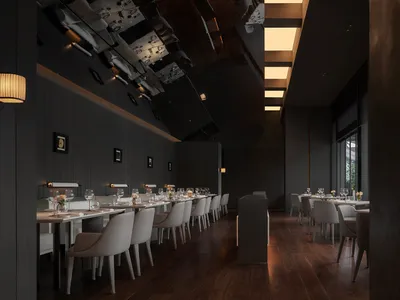 The image depicts a modern restaurant interior featuring dark wooden elements, white furniture, and a minimalist design.