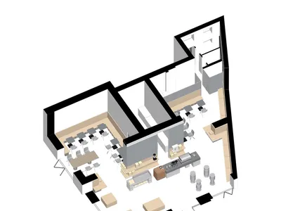 An overhead view of a cafe interior with a black and white color scheme and mixed materials.