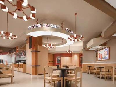 Modern industrial restaurant interior with wooden tables, metal decor, and concrete accents