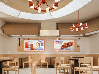 Modern restaurant interior featuring wooden furniture, laminate walls, and ceramic tile flooring.