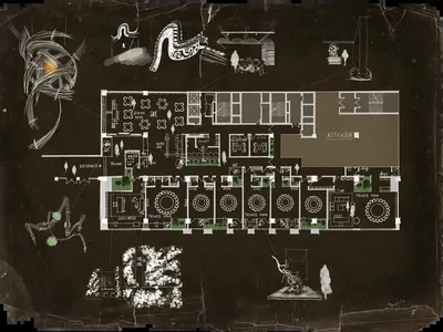 Floor plan of a modern restaurant layout drawn on paper.