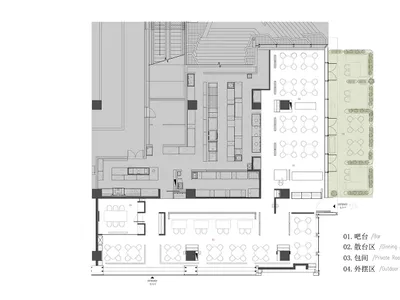 Floor plan of an industrial-style restaurant interior with tables, chairs, and kitchen areas.