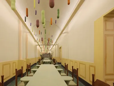 A modern restaurant interior with concrete walls and a long dining table.