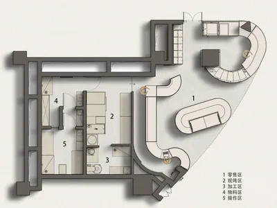 混合材質與多功能區域的廚房平面圖。