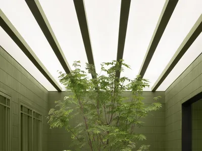 A modern restaurant interior with green tiled walls and wooden tables and chairs surrounded by a tree and seating area