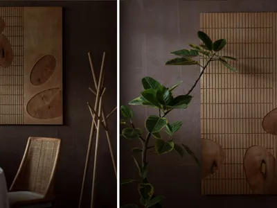 Modern restaurant interior with wooden elements and green foliage.