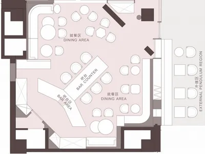 餐廳平面圖，顯示用餐區、吧台以及外部吊燈區域。