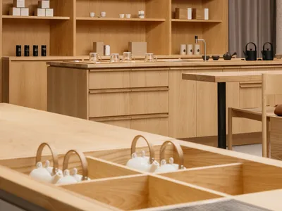 A modern kitchen with wooden shelves, cabinets, and countertops.