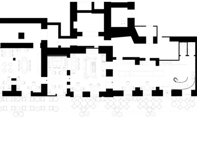 Layout of a modern restaurant featuring hardwood flooring, multiple dining tables, and an open kitchen.