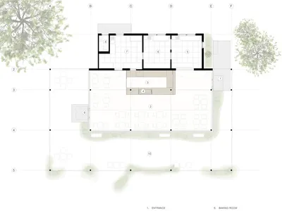 2D architectural drawing of Little Stove restaurant featuring concrete, steel, and glass materials.