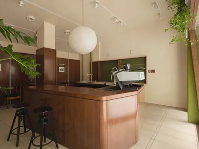 現代咖啡店廚房，配有木質吧台、綠植與大型球形燈具。