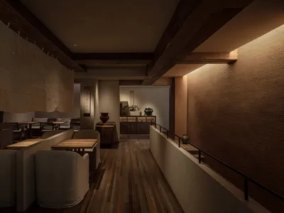 A modern restaurant interior featuring wooden sofas and tables.