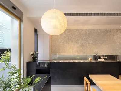 Modern minimalist residential kitchen with concrete finishes, a large island, and a spherical light fixture.