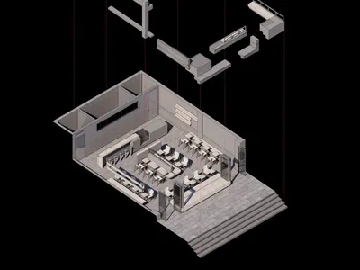 A detailed architectural floor plan of a modern restaurant featuring concrete and steel materials.