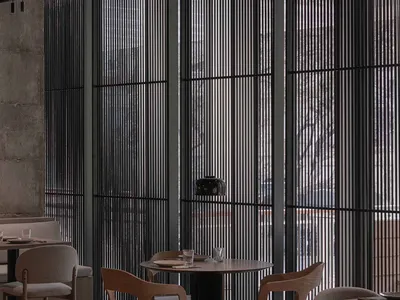 Modern industrial restaurant interior with wood and metal elements