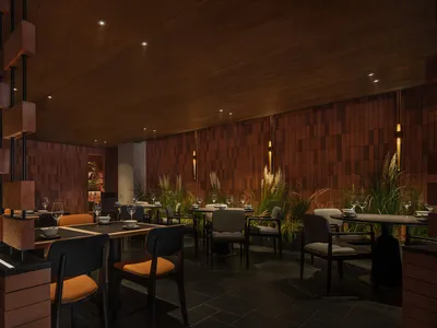 A modern restaurant interior with wooden walls, concrete finishes, and glass elements.