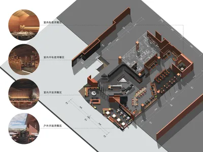 餐廳美食廣場的3D渲染圖，呈現多個用餐區域。