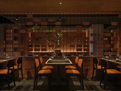 Modern restaurant interior with brick and wood accents, featuring sleek tables and chairs.