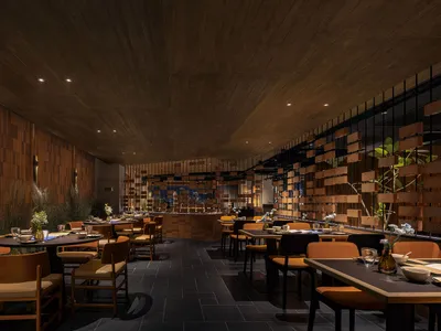 現代餐廳室內空間，採用木質材料與當代設計元素。