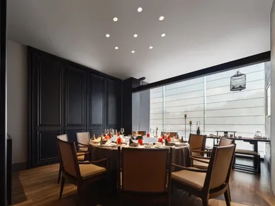 Modern dining room featuring wooden paneling and chairs with cushioned seating.