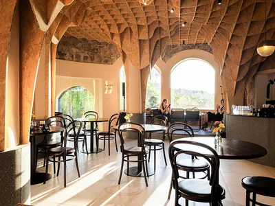 Interior of a modern restaurant with a high, wooden, geometric ceiling and multiple dining tables and chairs.